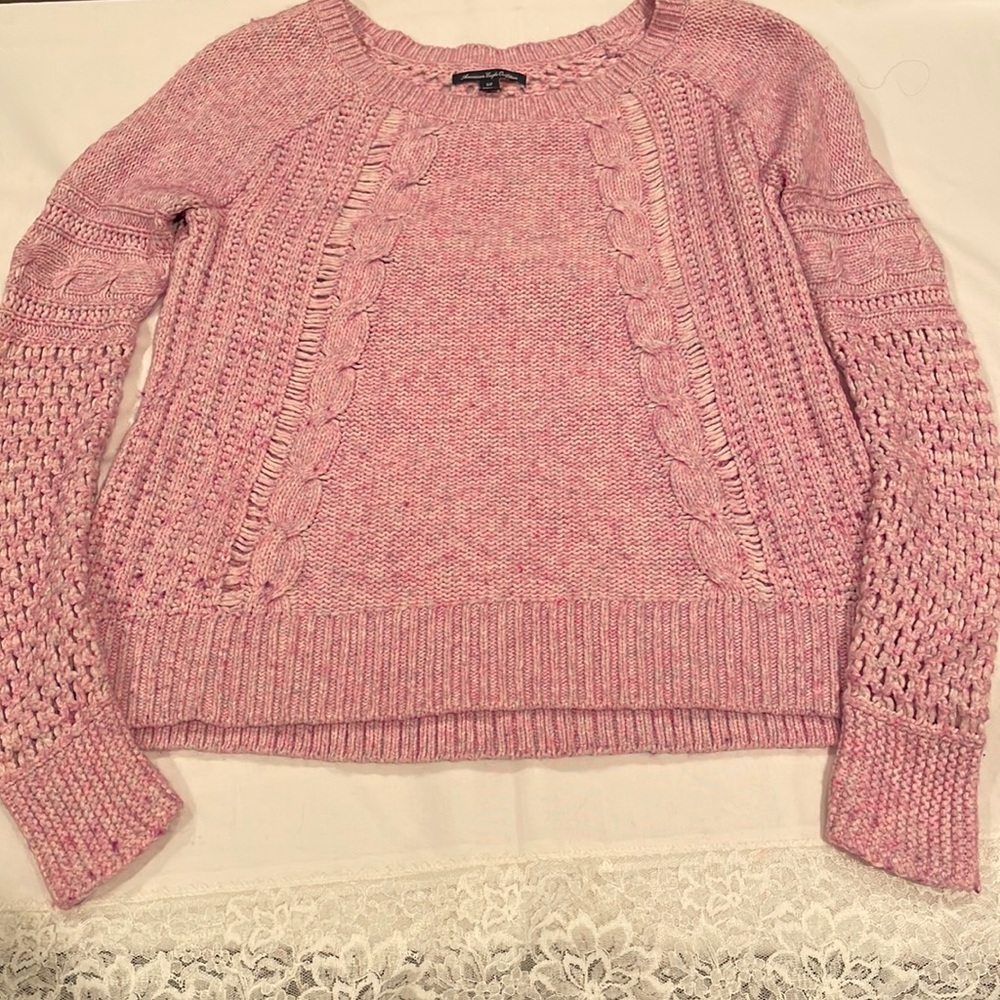 American Eagle Cable Knit Pink/Lilac Sweater back with larger Knit..see through